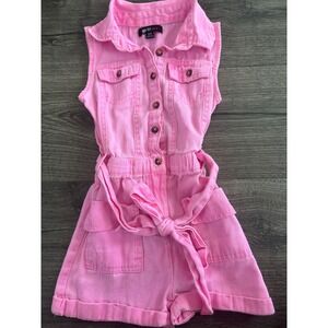 Girls Pink Denim Sleeveless Button Front Tie Waist Romper Jumpsuit Size 5/6